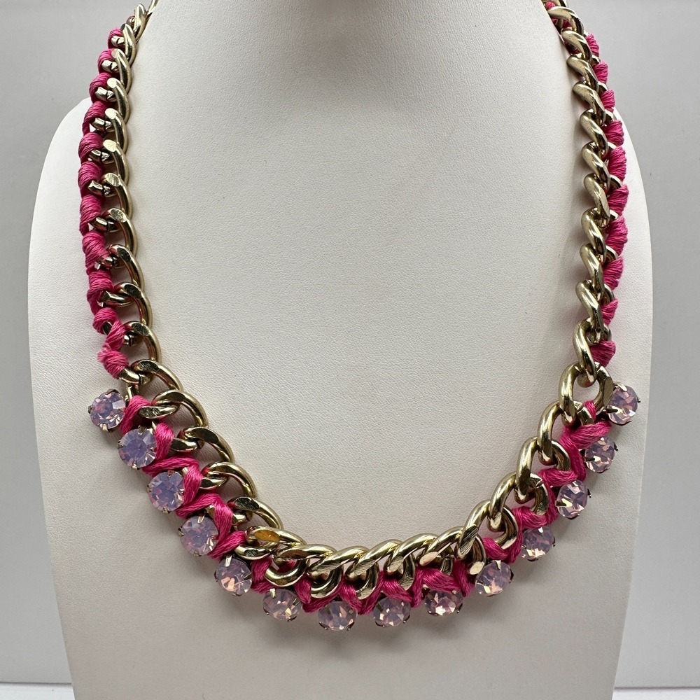 Vintage 90s Pink Wrap Gold Tone Curb Chain Necklace Rhinestone Glass Jewelry